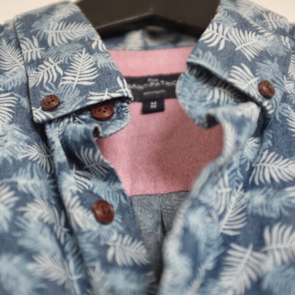 Rue saint patrick blue white feather leaves button down 100% cotton size M - Picture 8 of 10